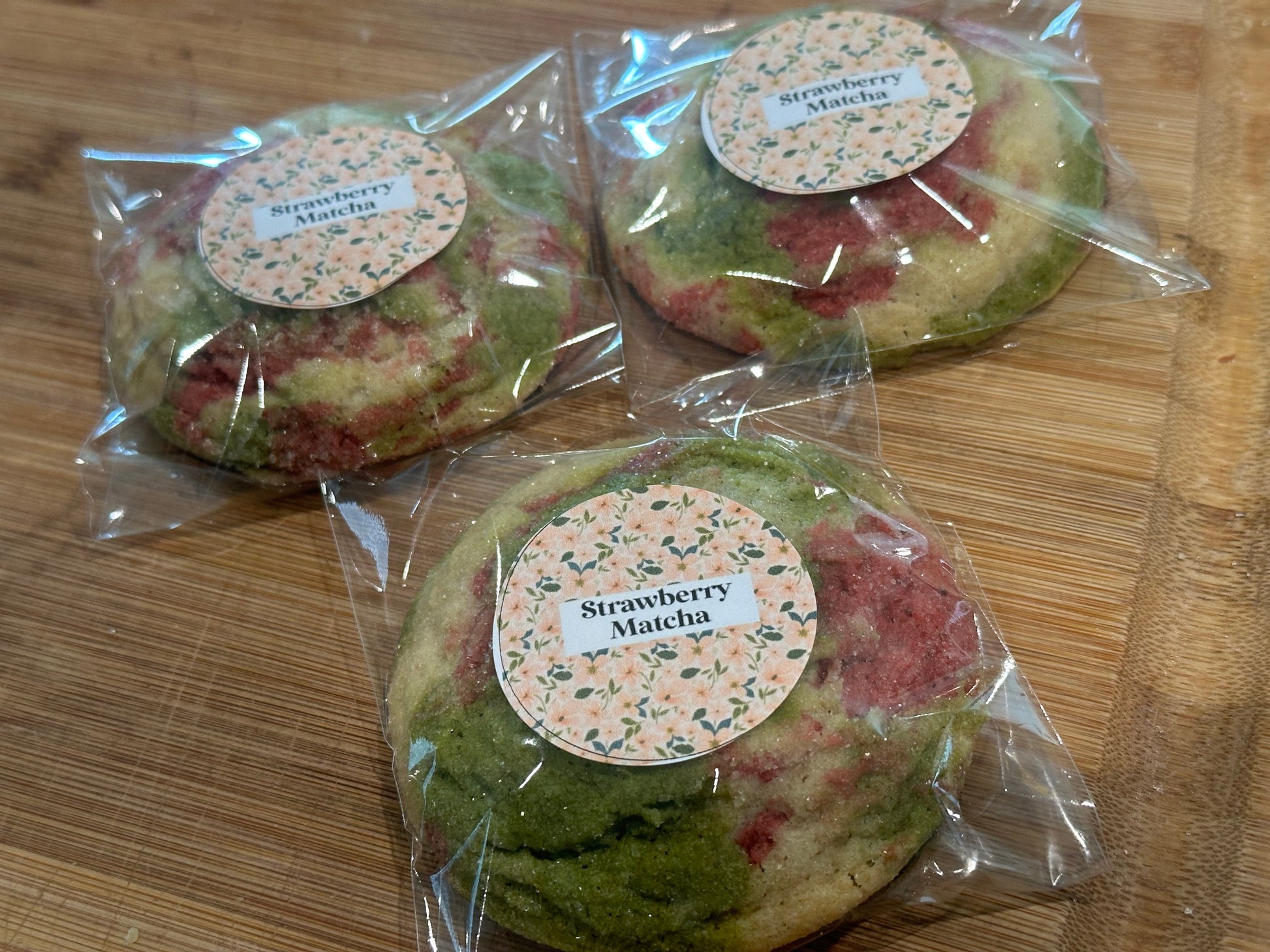 Strawberry Matcha cookie swirled with pink berry and green tea matcha dough – available for local pickup or nationwide shipping.