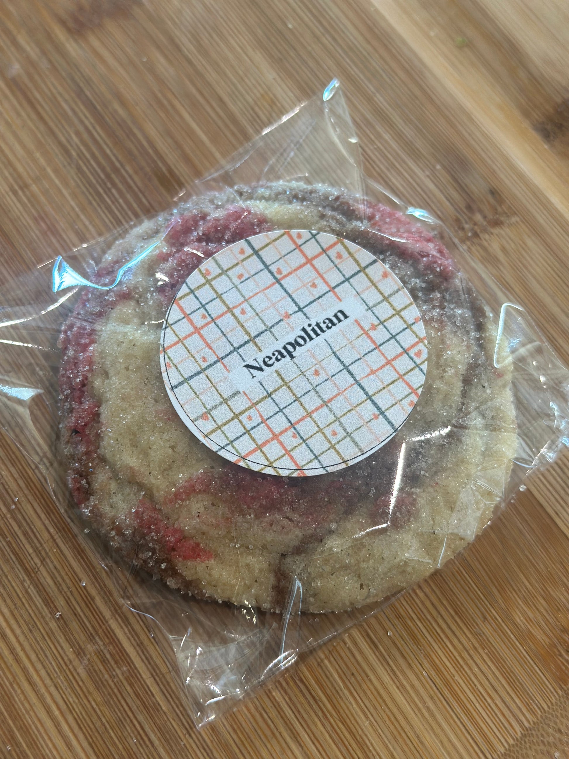 Neapolitan cookie – layers of chocolate, vanilla, and strawberry, baked and shipped fresh